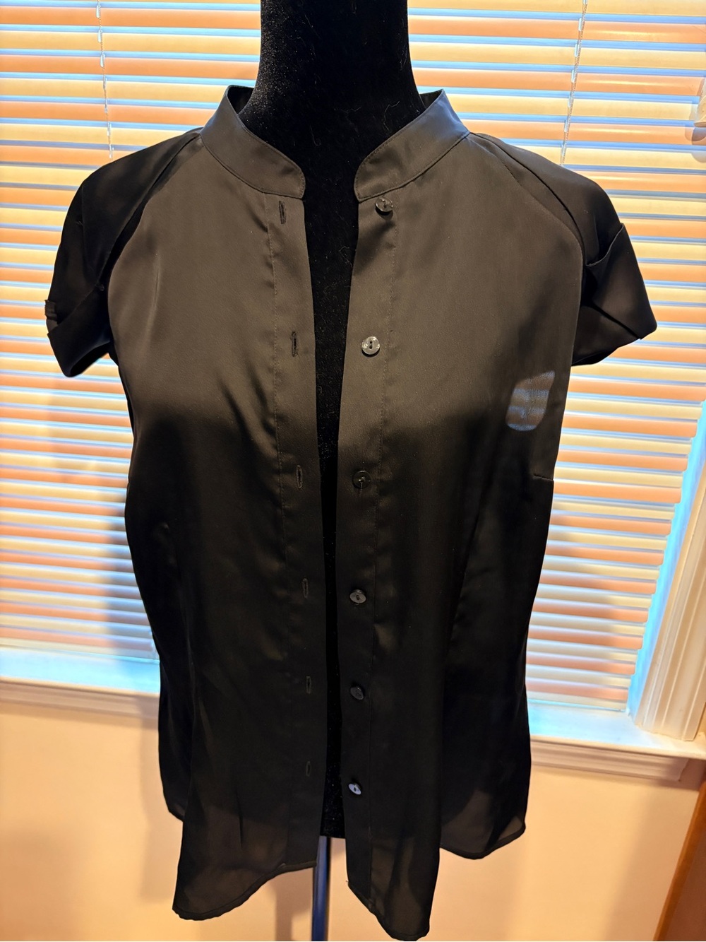 Worthington Black Silk Button-Up Short Sleeve Blouse